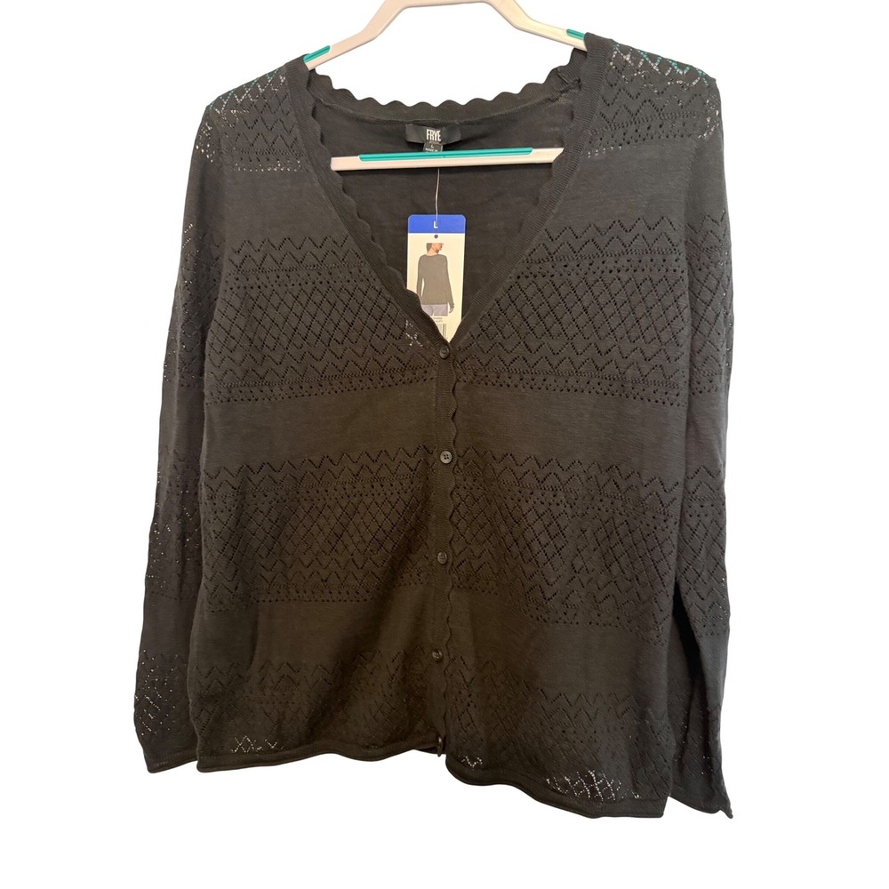 Frye‎ Womens Black Beauty Pointelle Scalloped V-Neck Button Front Cardigan L NEW